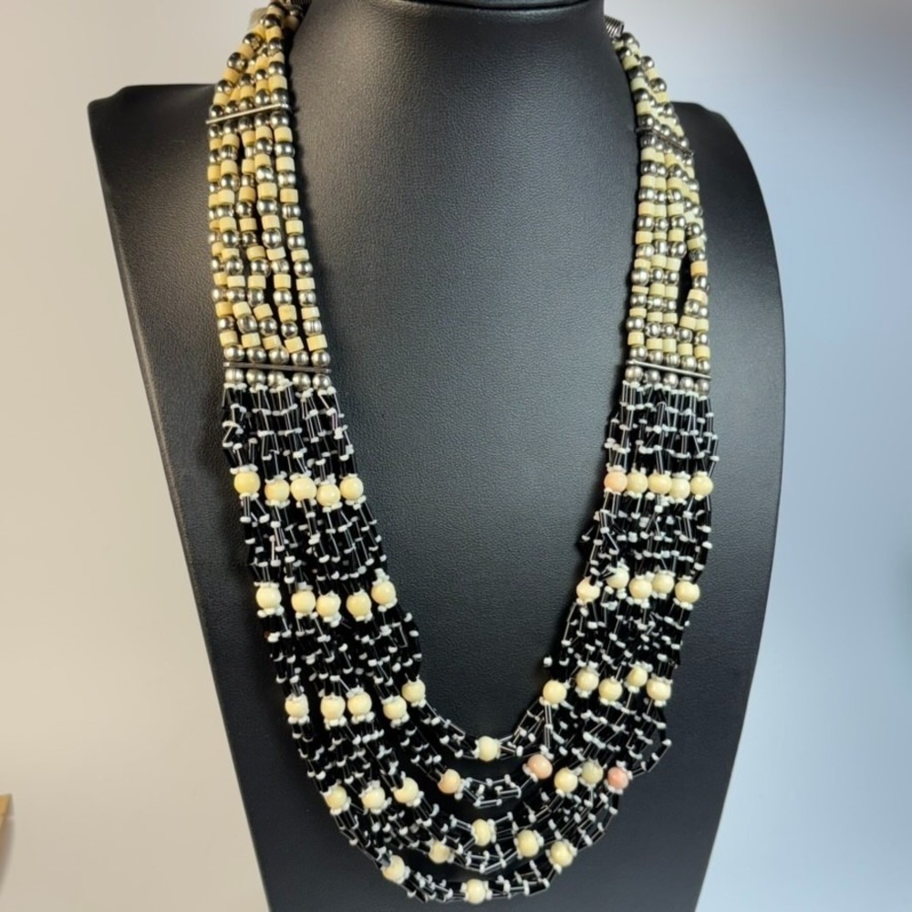 Multi Strand Beaded Necklace Black Cream Silver Tone Statement Vintage Boho
